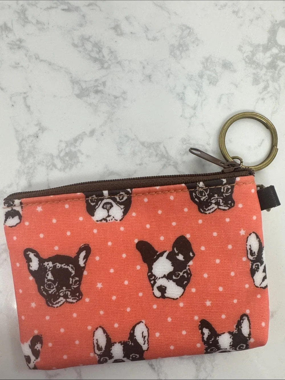 Coral Bulldog Print Zip Coin Pouch with Keyring